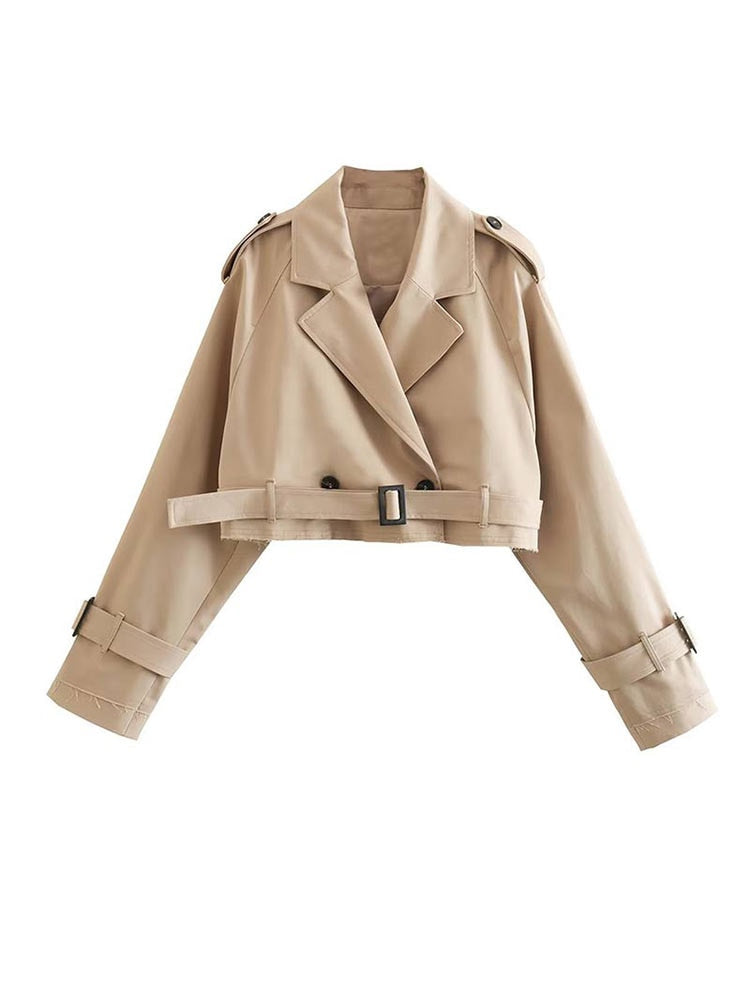 Women's Beige Double-Breasted Cropped Trench Coat