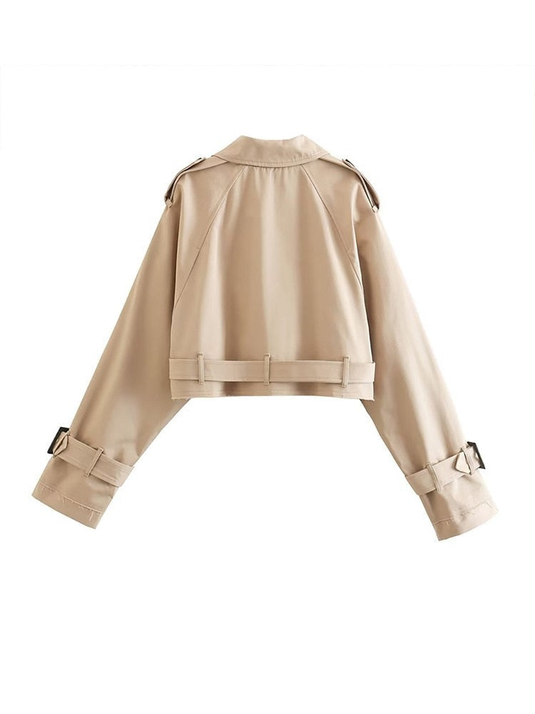 Women's Beige Double-Breasted Cropped Trench Coat