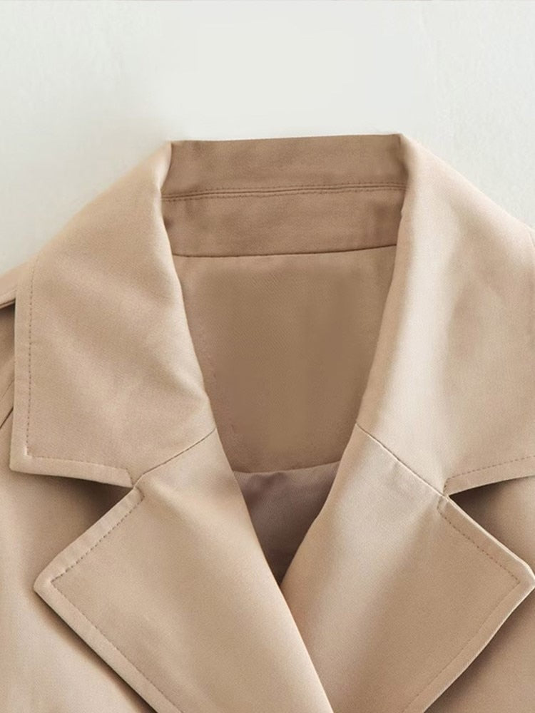 Women's Beige Double-Breasted Cropped Trench Coat