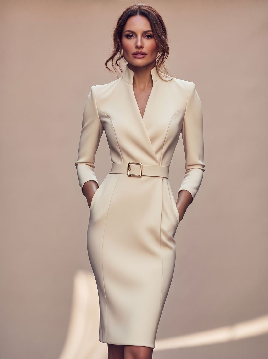 Women's Black V-Neck Long-Sleeve Belted Pencil Midi Dress