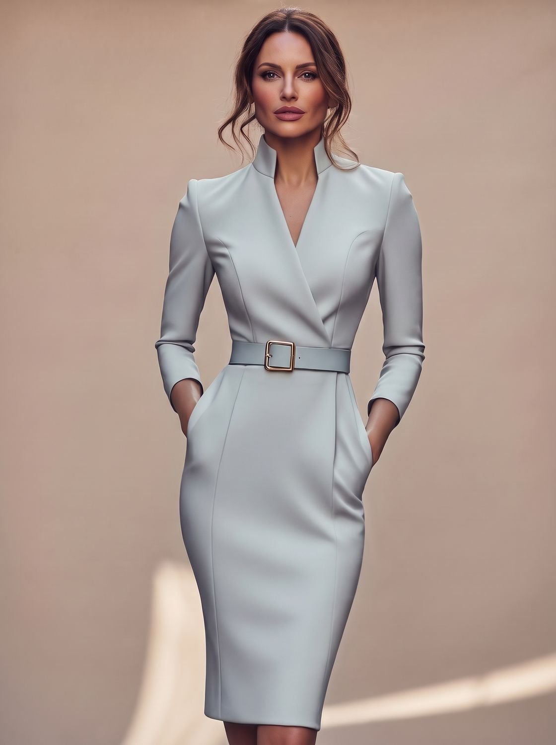 Women's Black V-Neck Long-Sleeve Belted Pencil Midi Dress