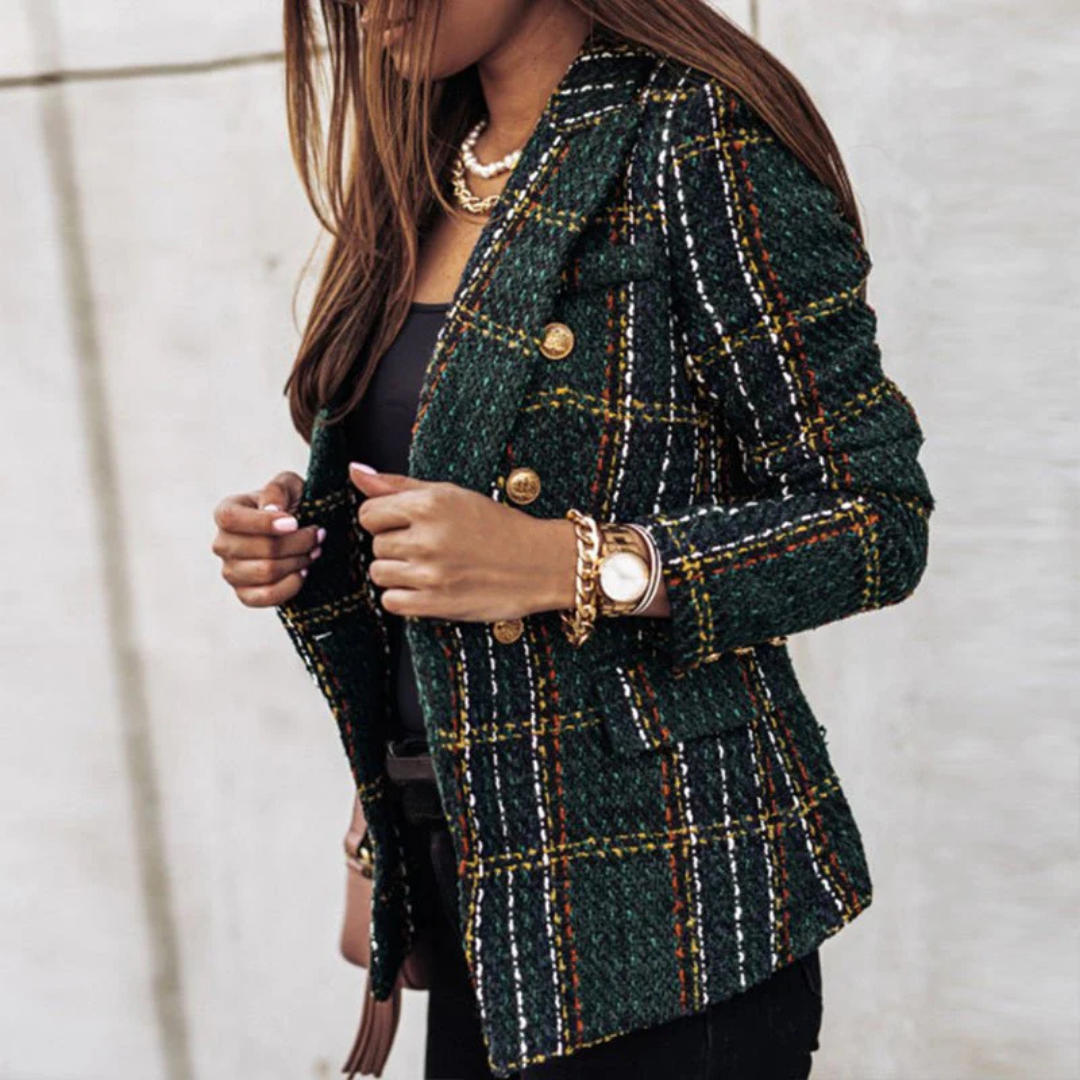 Women's Blazer – Classic Plaid, Elegant Lapel Collar & Long-Sleeve Button Design
