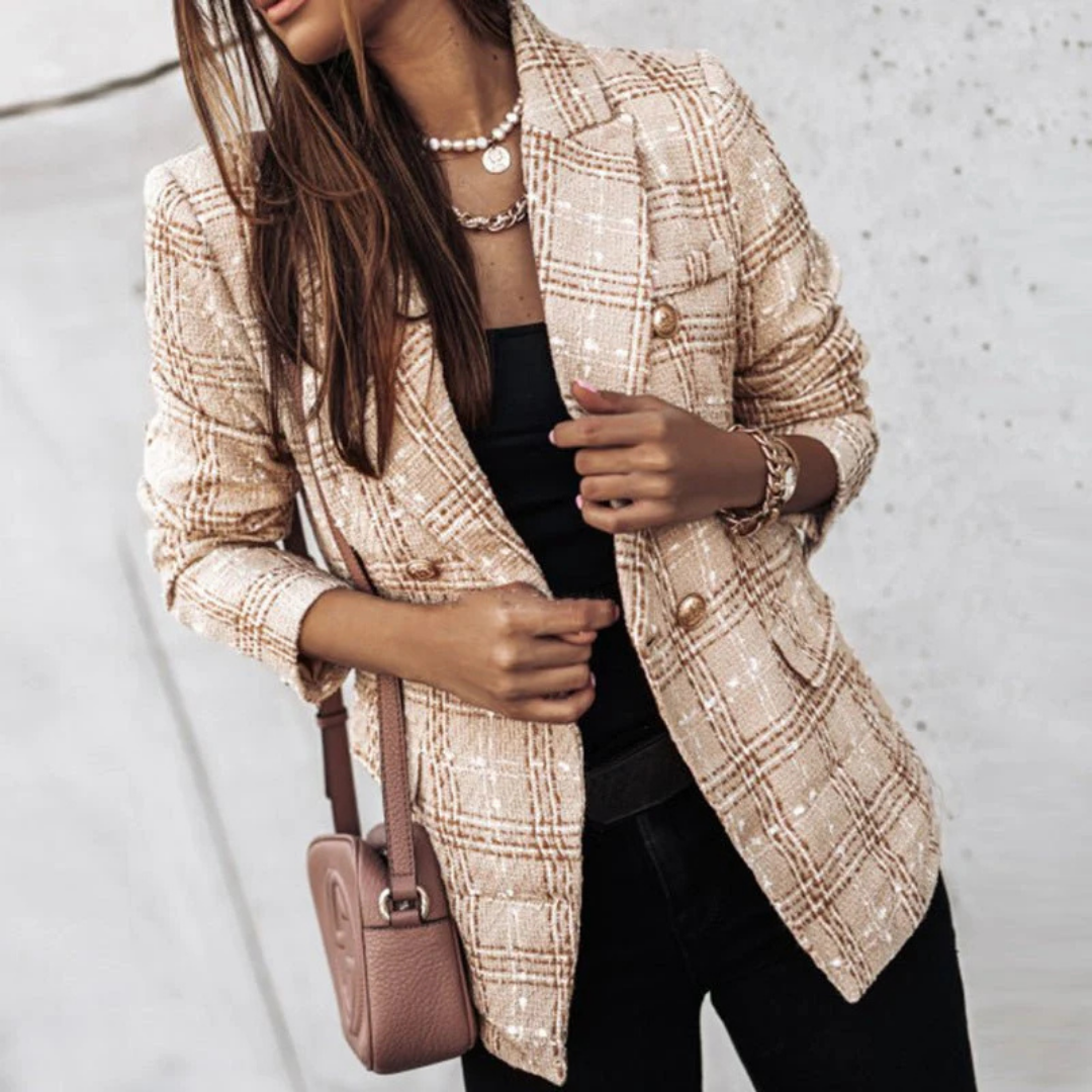 Women's Blazer – Classic Plaid, Elegant Lapel Collar & Long-Sleeve Button Design