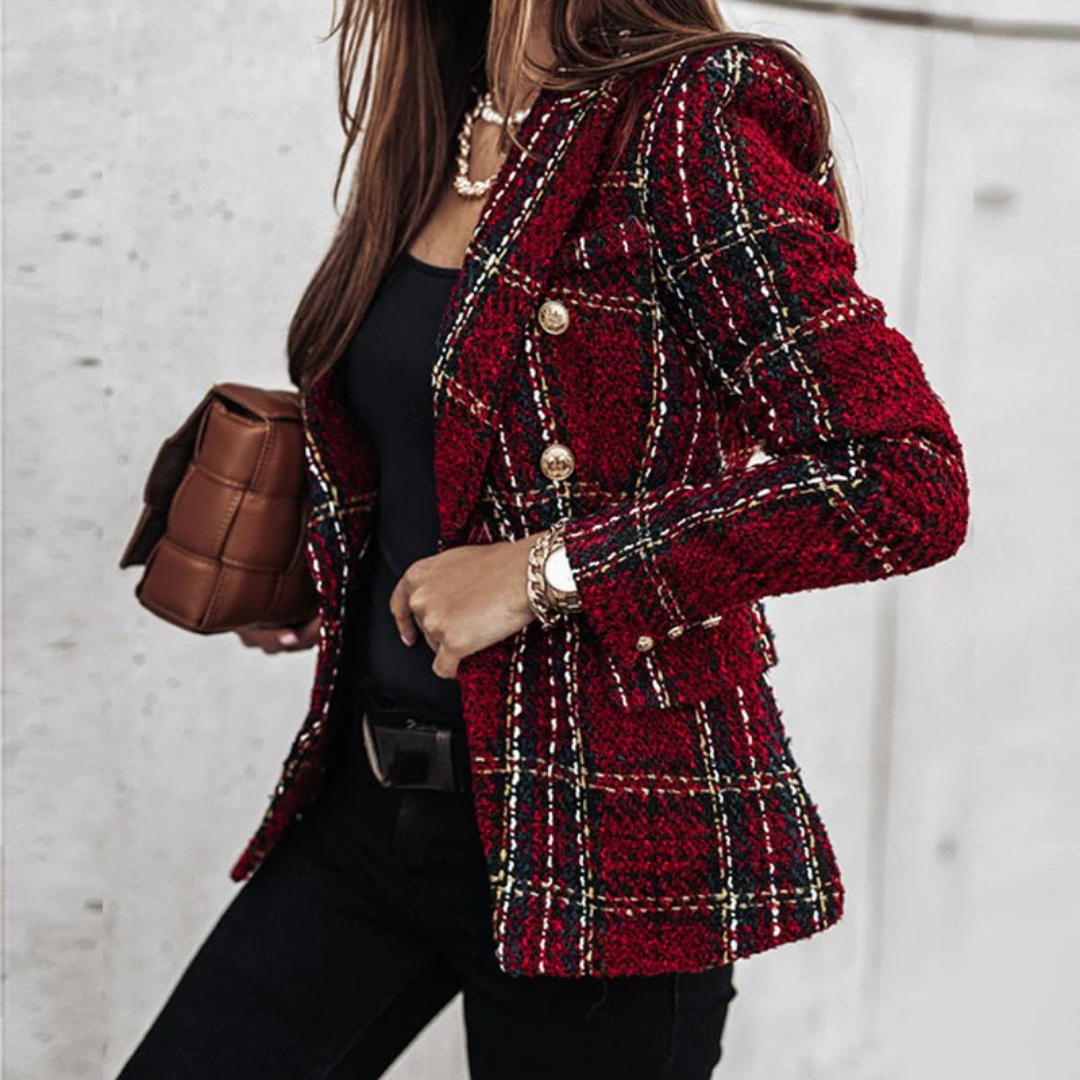 Women's Blazer – Classic Plaid, Elegant Lapel Collar & Long-Sleeve Button Design