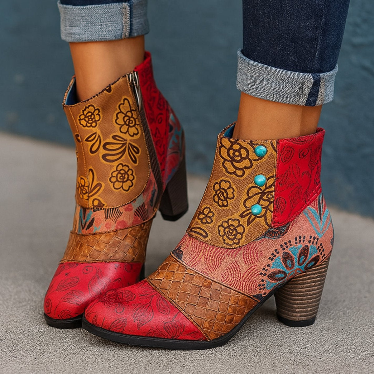 Women's Bohemian Floral Embossed Block-Heel Ankle Boots
