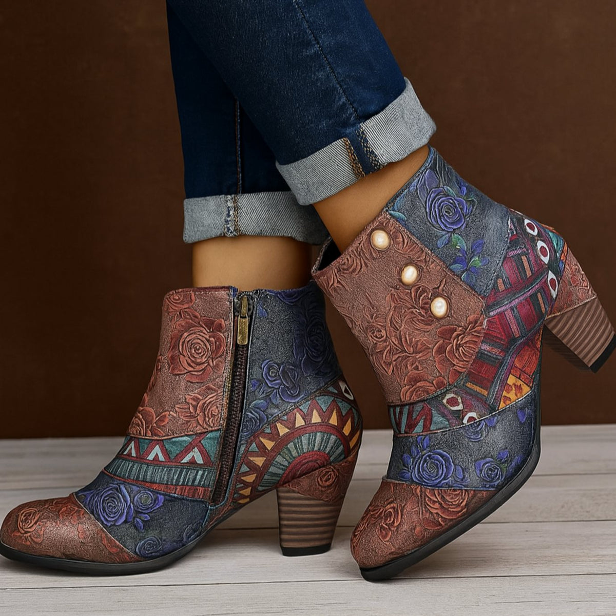 Women's Bohemian Floral Embossed Block-Heel Ankle Boots