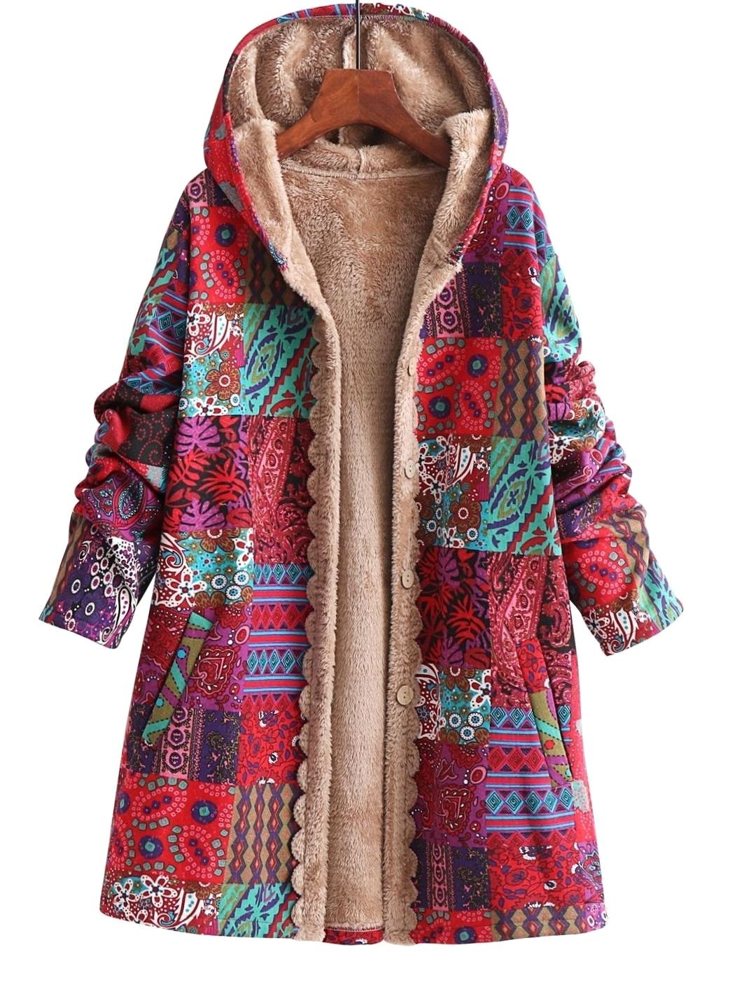 Women's Boho Patchwork Print Fleece-Lined Hooded Jacket