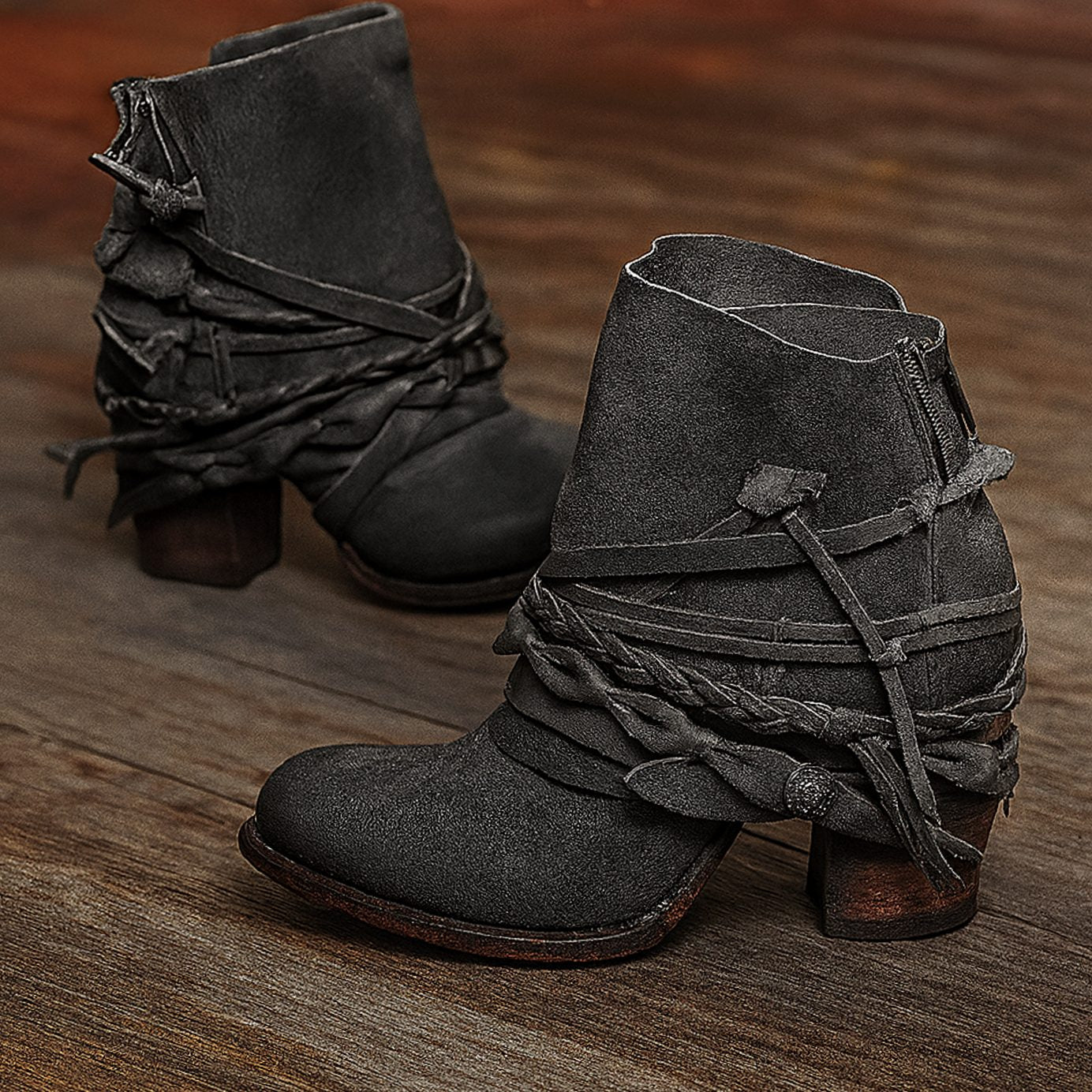 Women's Boho Western Wraparound Strap Block-Heel Ankle Boots