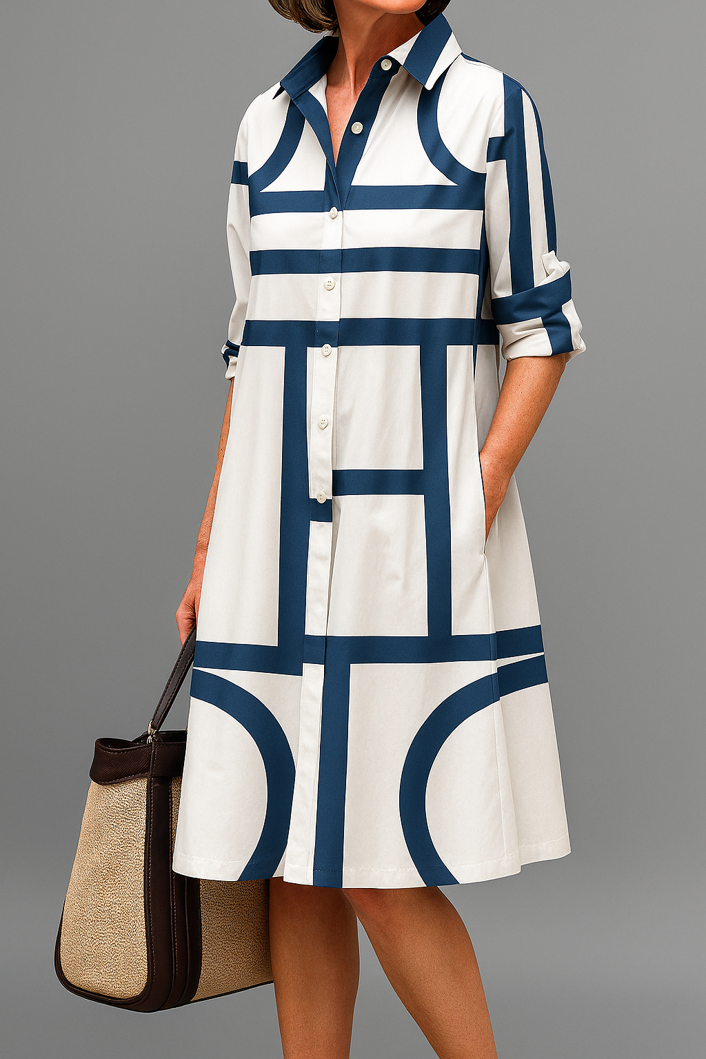 Women's Button-Down Graphic Print Midi Dress