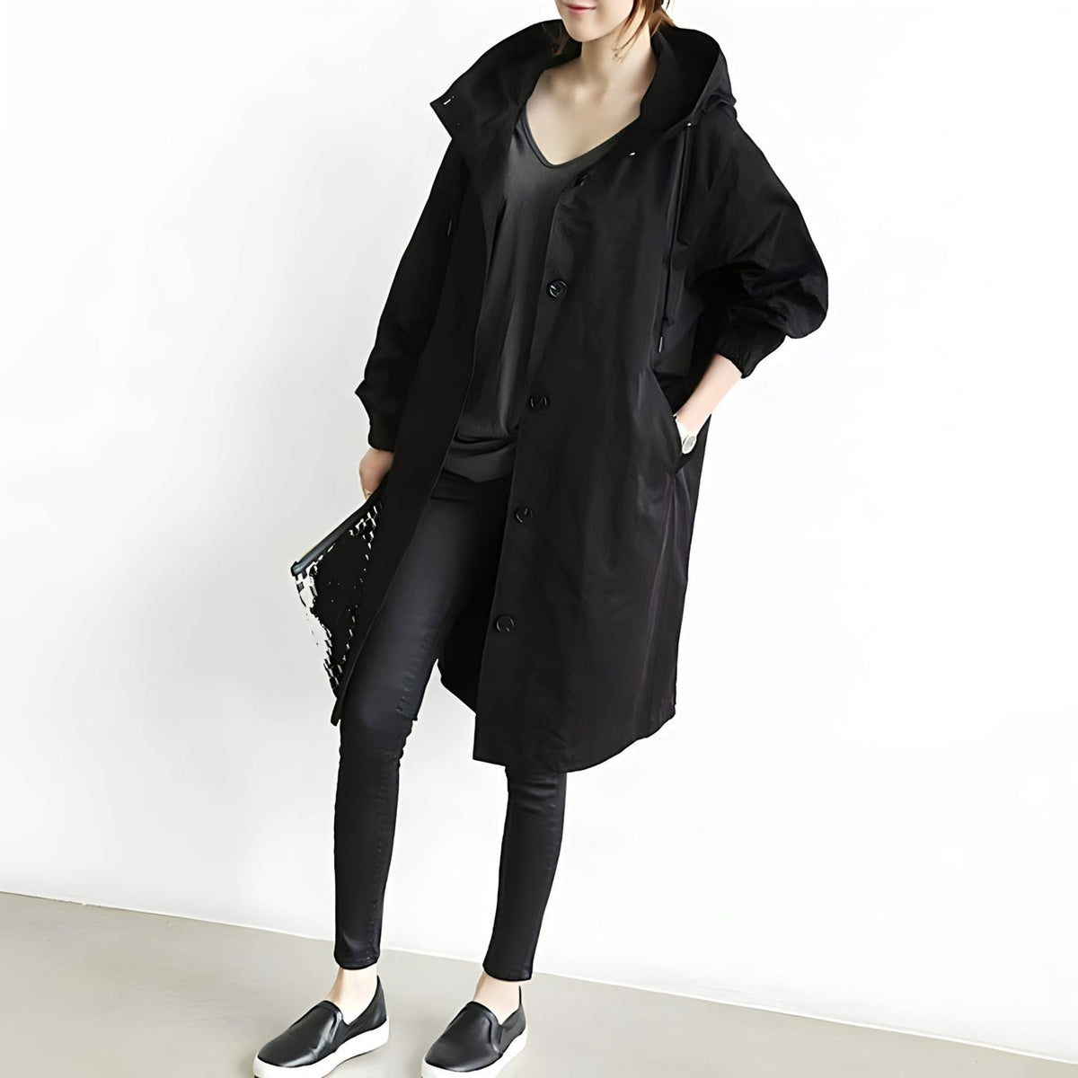 Women's Button-Front Hooded Trench Coat