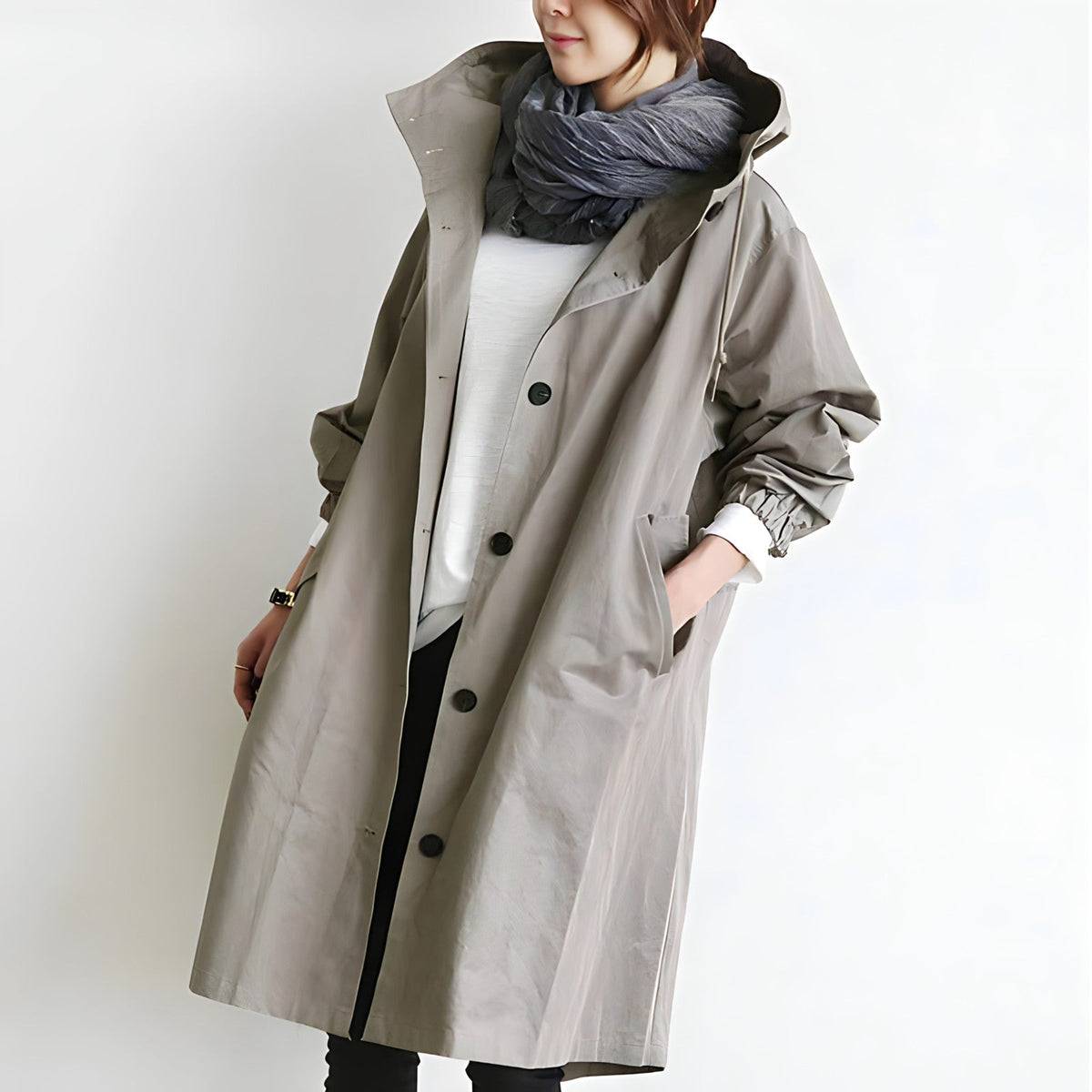Women's Button-Front Hooded Trench Coat