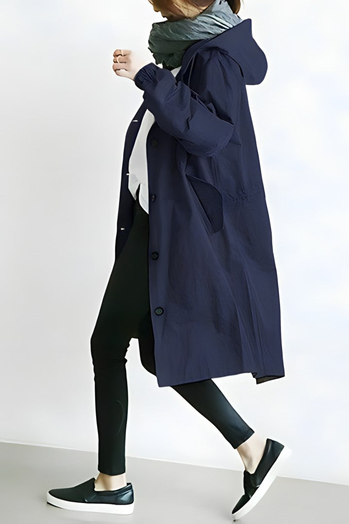 Women's Button-Front Hooded Trench Coat