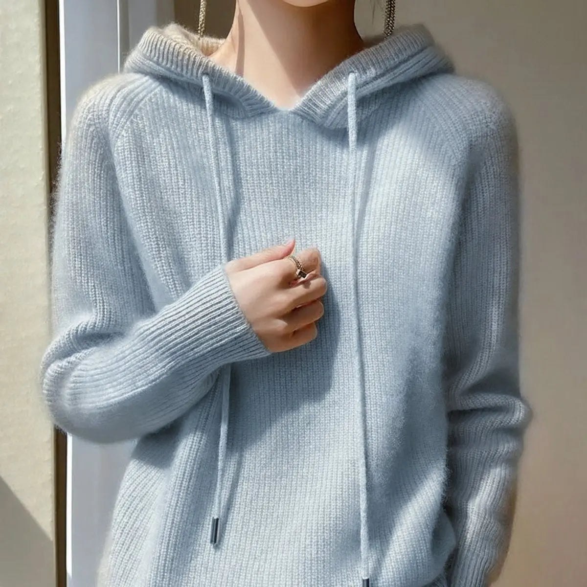 Women's Cashmere and Mink Blend Drawstring Hooded Knit Sweater