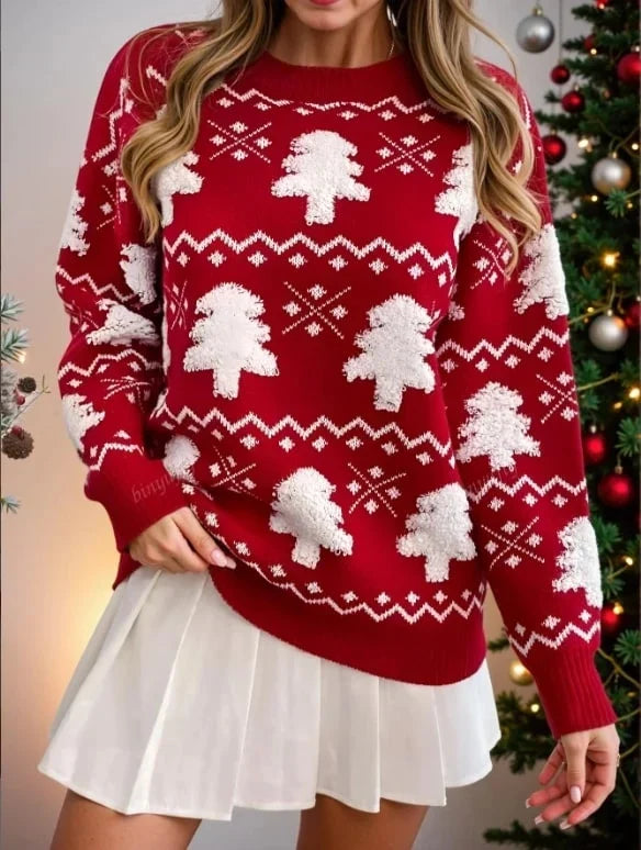 Women's Christmas Tree Jacquard Crewneck Sweater in Cotton-Nylon Blend - Winter Style