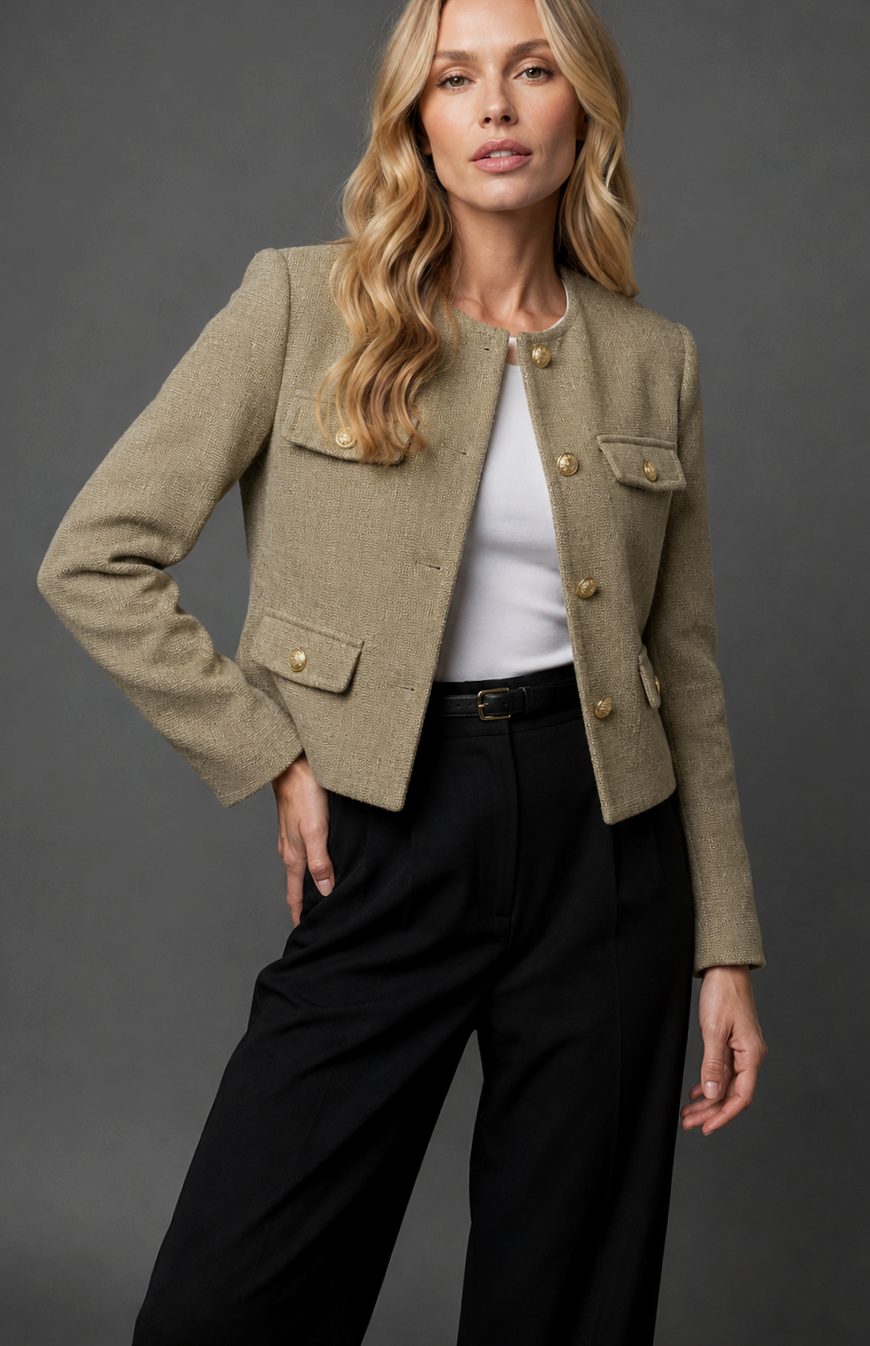 Women's Collarless Cropped Tweed Blazer with Gold Buttons and Flap Pockets
