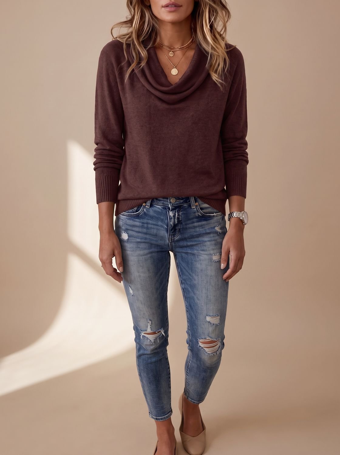 Women's Cowl Neck Long Sleeve Knit Pullover Sweater