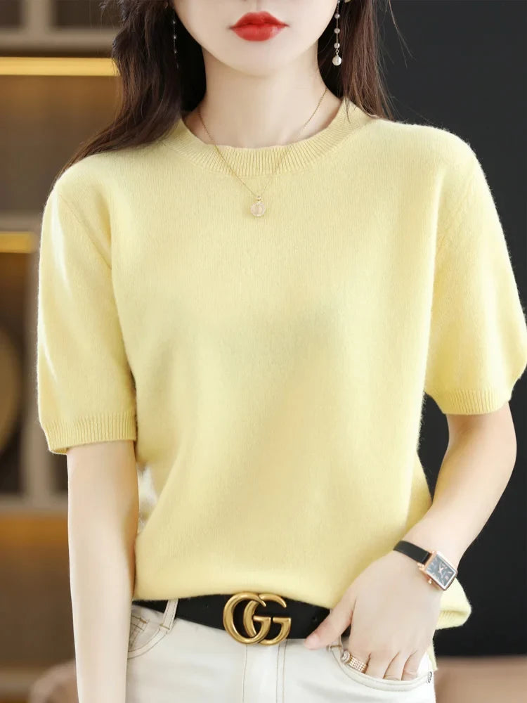Women's Crew Neck Merino Wool Blend Knitted Sweater