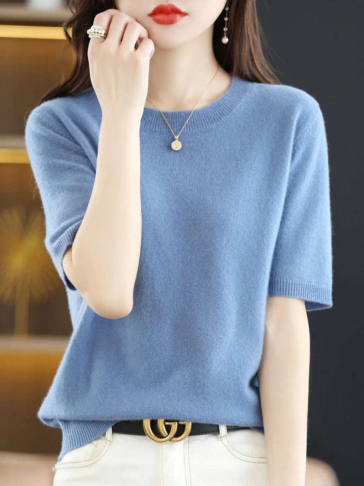 Women's Crew Neck Merino Wool Blend Knitted Sweater