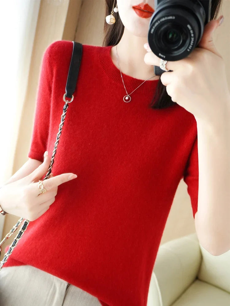 Women's Crew Neck Merino Wool Blend Knitted Sweater