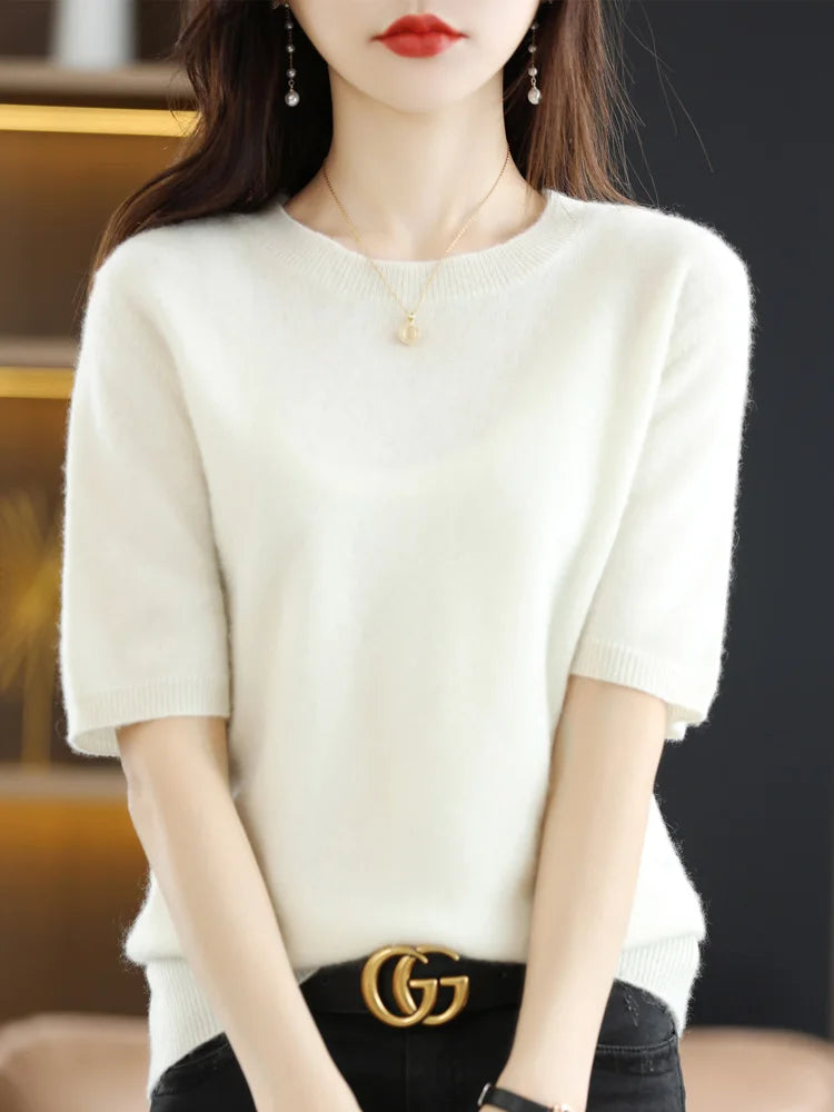 Women's Crew Neck Merino Wool Blend Knitted Sweater