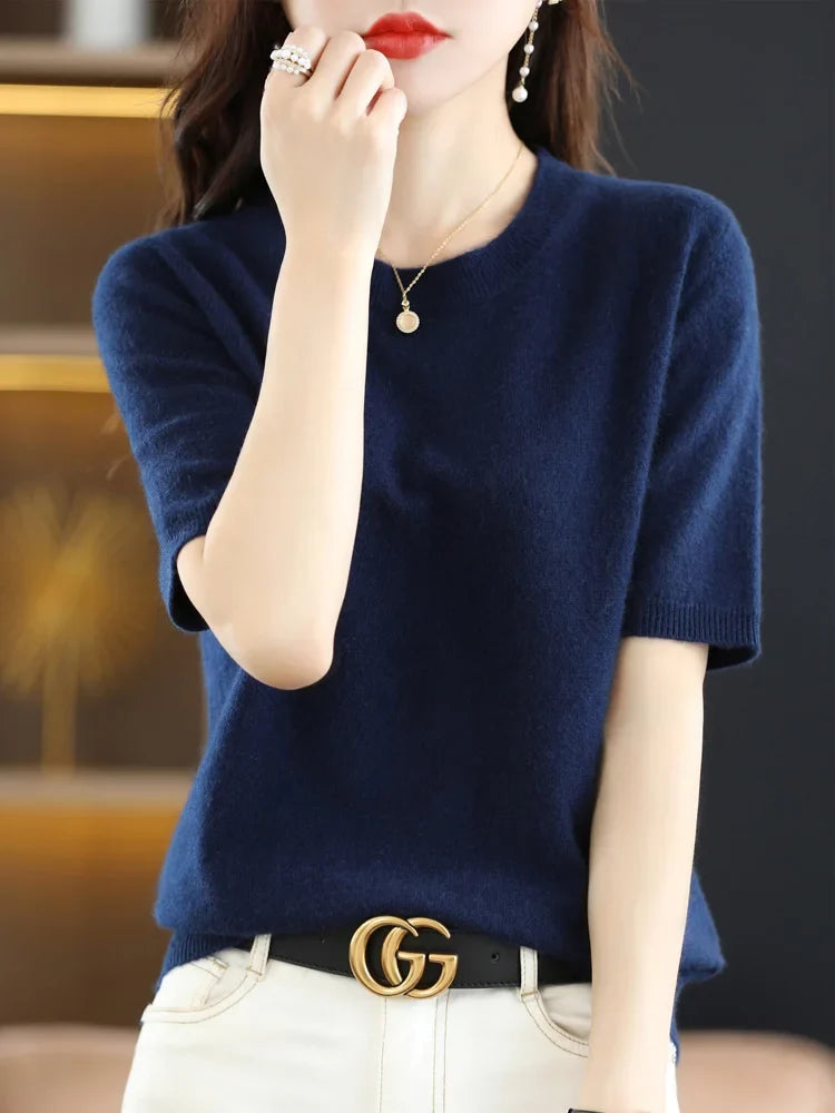 Women's Crew Neck Merino Wool Blend Knitted Sweater