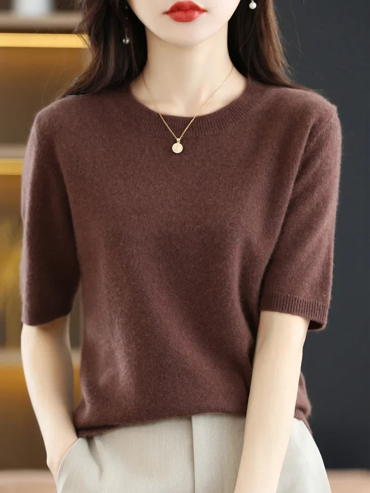 Women's Crew Neck Merino Wool Blend Knitted Sweater
