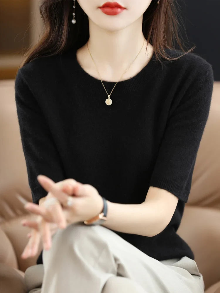 Women's Crew Neck Merino Wool Blend Knitted Sweater