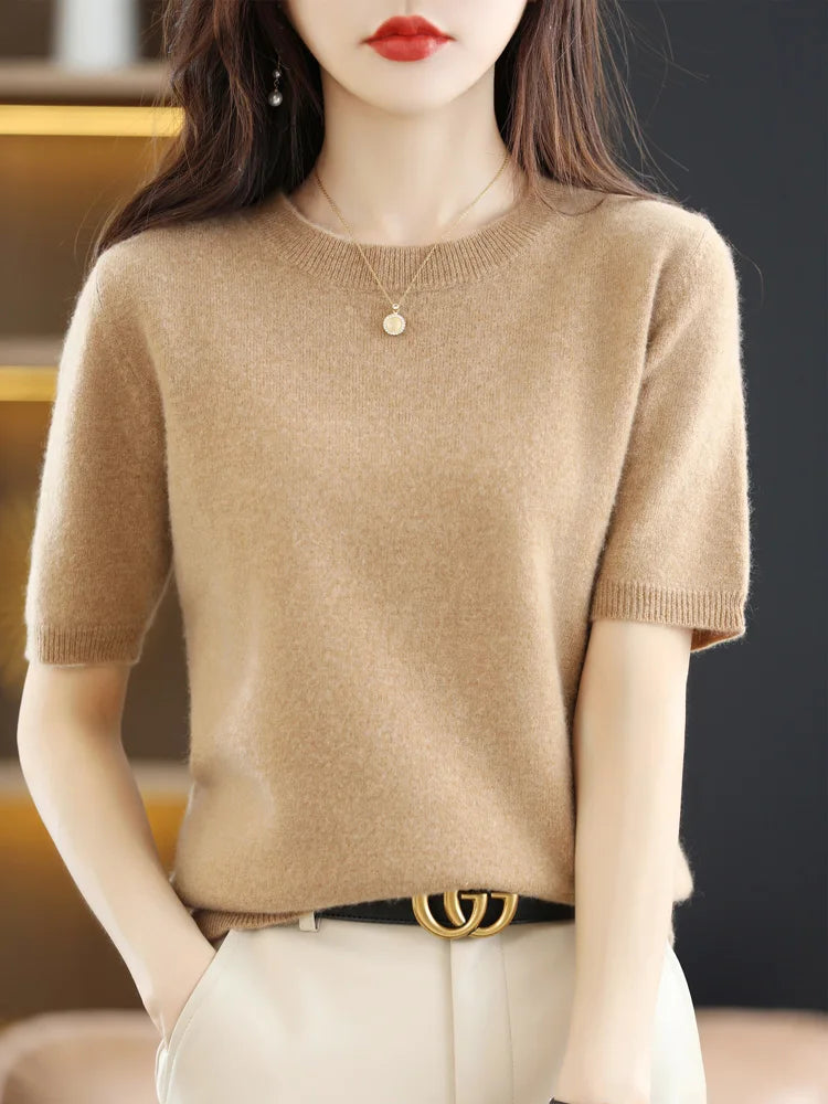 Women's Crew Neck Merino Wool Blend Knitted Sweater