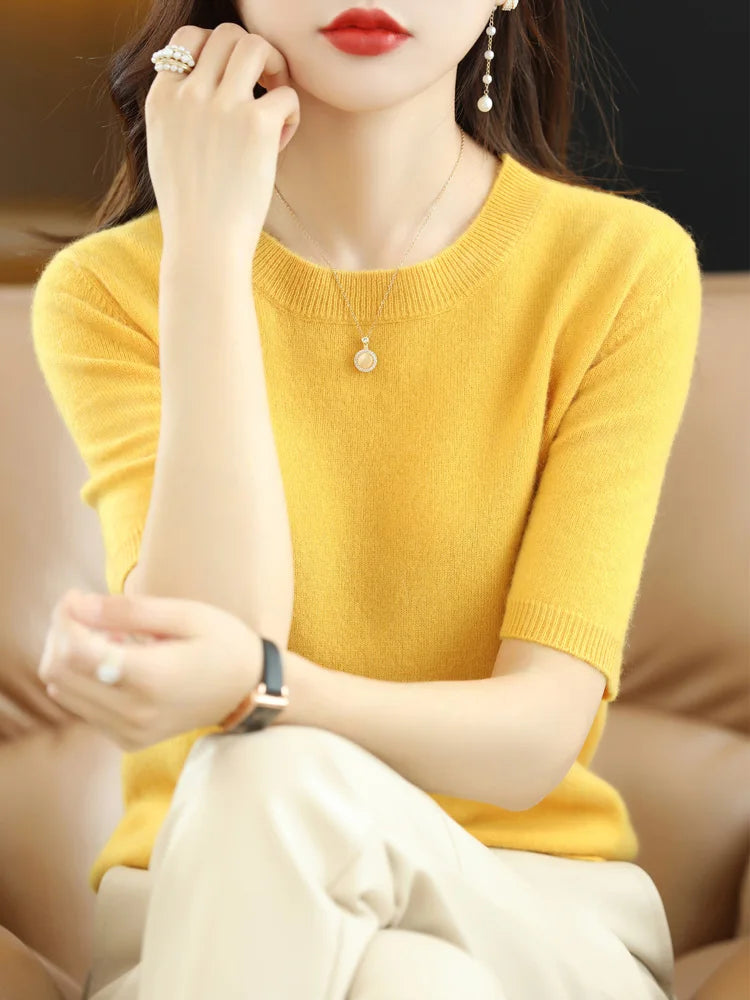 Women's Crew Neck Merino Wool Blend Knitted Sweater