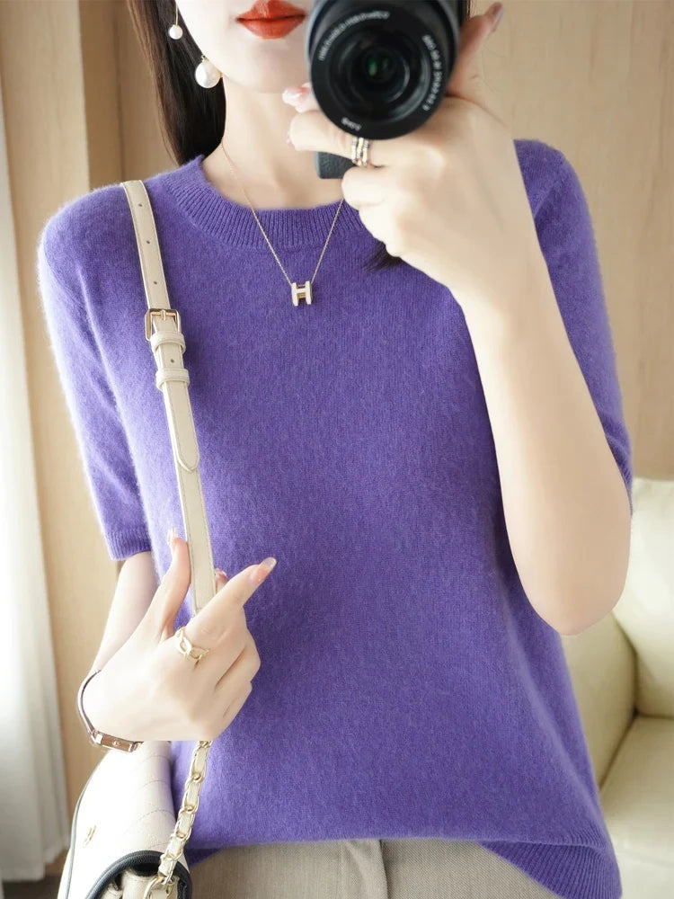Women's Crew Neck Merino Wool Blend Knitted Sweater