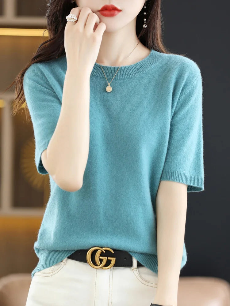 Women's Crew Neck Merino Wool Blend Knitted Sweater