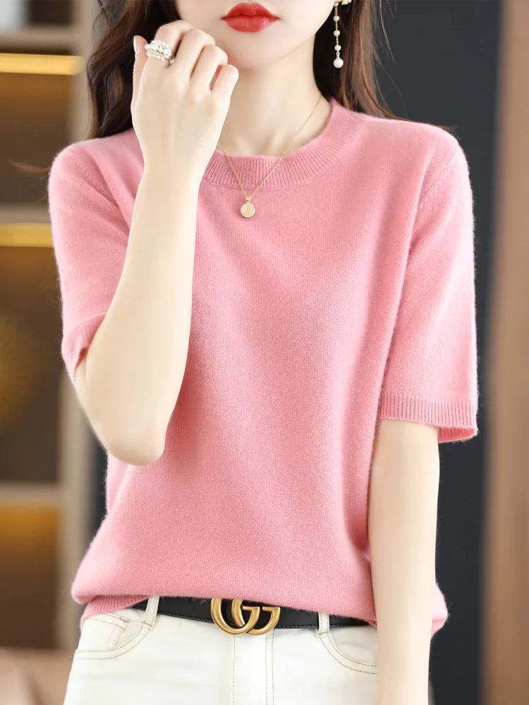 Women's Crew Neck Merino Wool Blend Knitted Sweater
