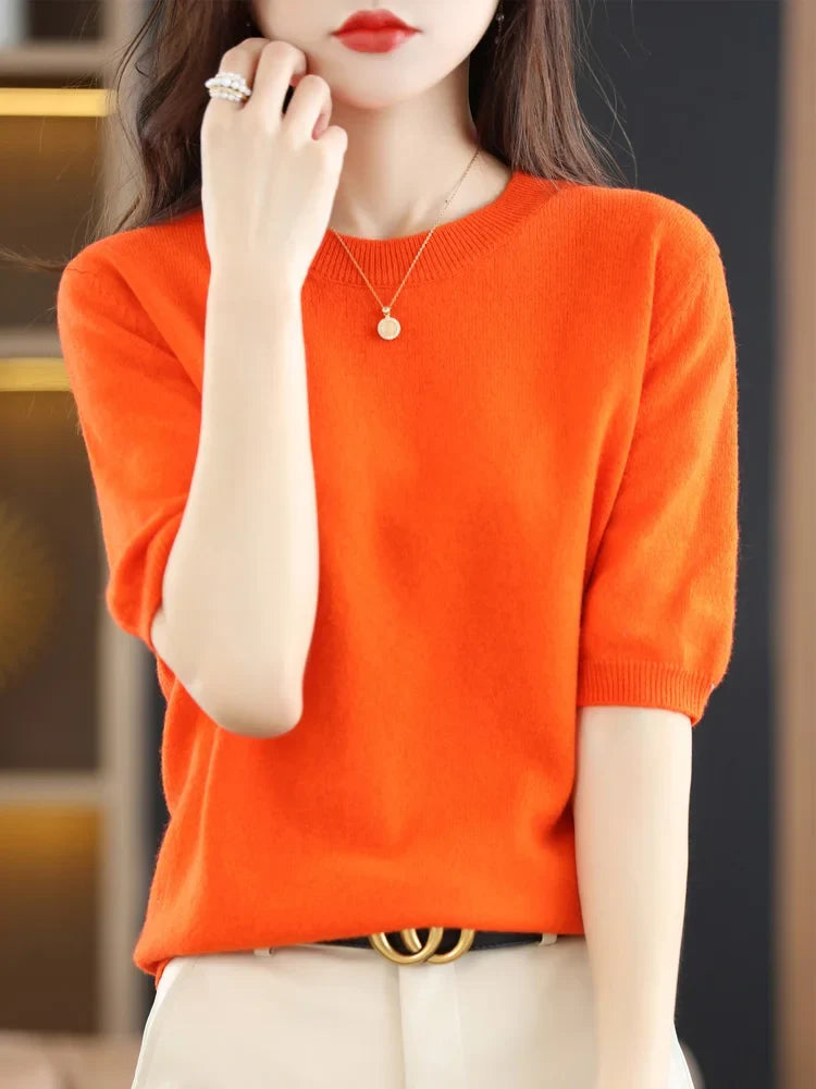 Women's Crew Neck Merino Wool Blend Knitted Sweater