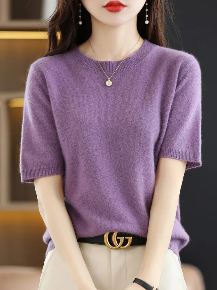 Women's Crew Neck Merino Wool Blend Knitted Sweater