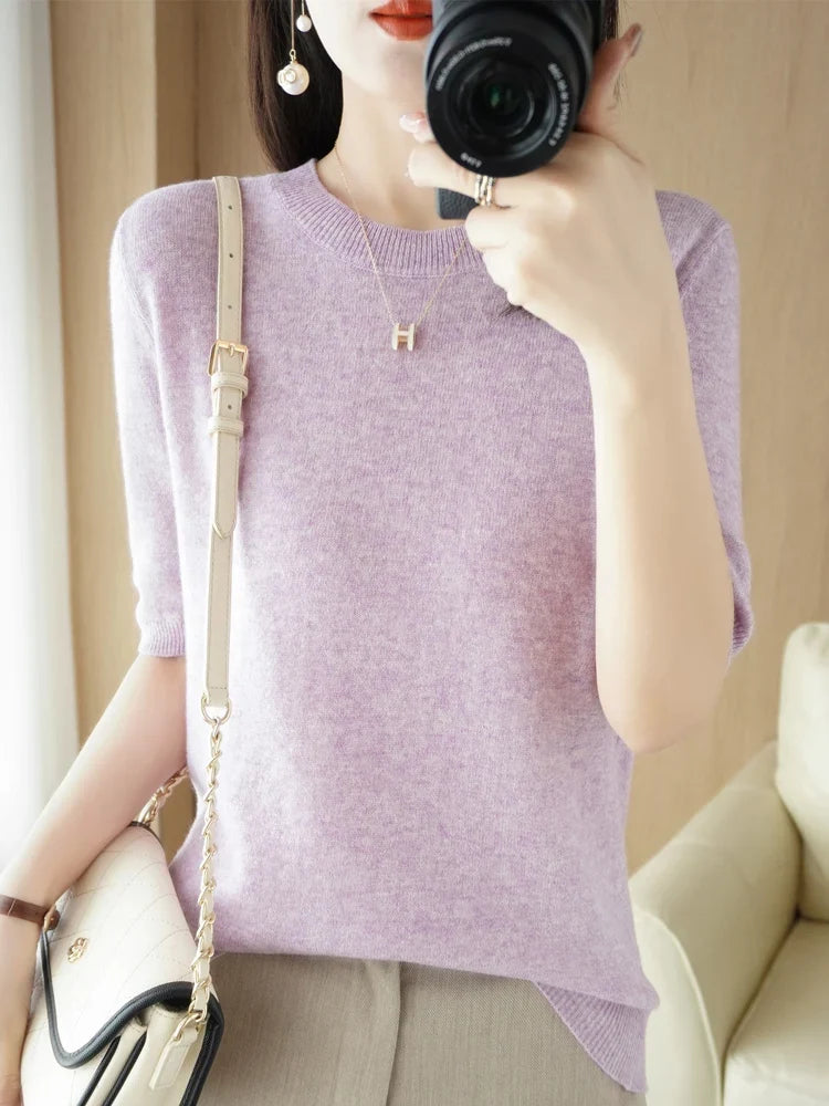 Women's Crew Neck Merino Wool Blend Knitted Sweater