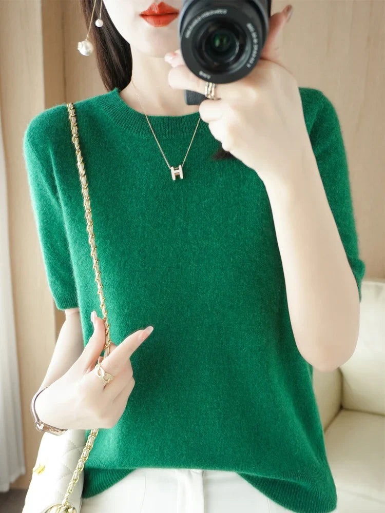Women's Crew Neck Merino Wool Blend Knitted Sweater