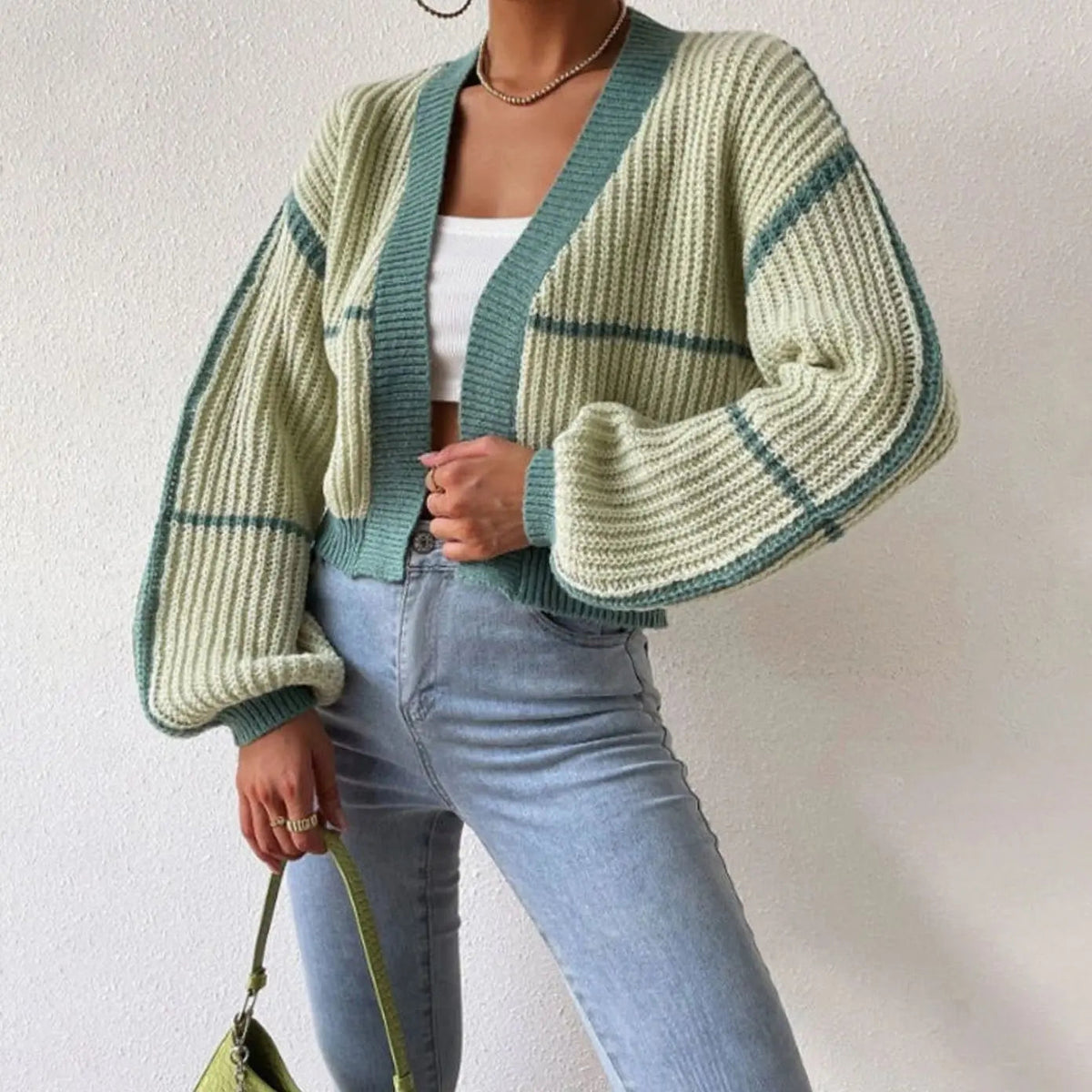 Women's Cropped Chunky Knit Open Front Cardigan with Balloon Sleeves