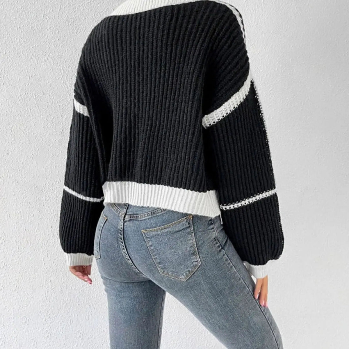 Women's Cropped Chunky Knit Open Front Cardigan with Balloon Sleeves