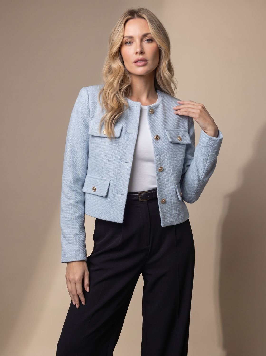 Women's Cropped Collarless Tweed Blazer with Gold Buttons and Flap Pockets