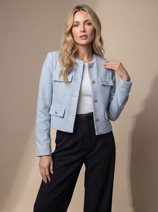 Women's Cropped Collarless Tweed Blazer with Gold Buttons and Flap Pockets