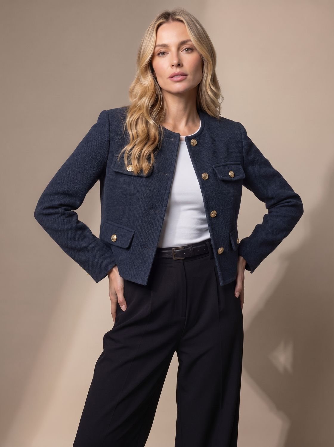 Women's Cropped Collarless Tweed Blazer with Gold Buttons and Flap Pockets
