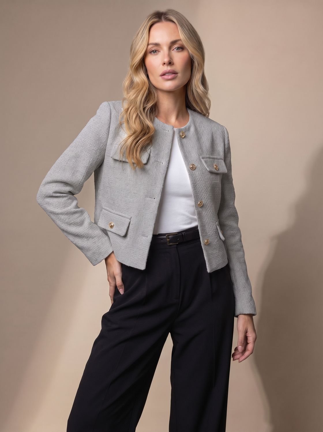 Women's Cropped Collarless Tweed Blazer with Gold Buttons and Flap Pockets