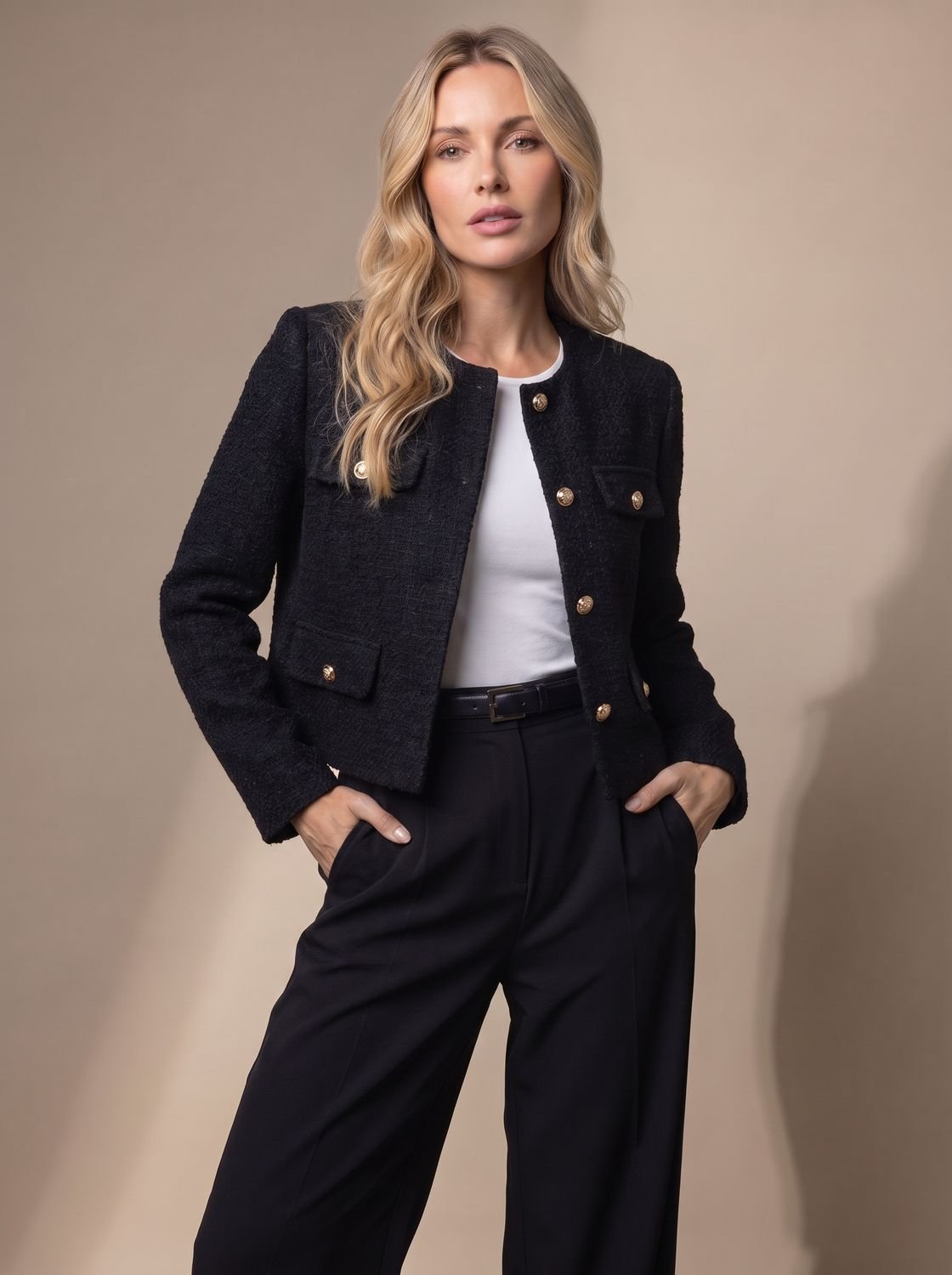 Women's Cropped Collarless Tweed Blazer with Gold Buttons and Flap Pockets