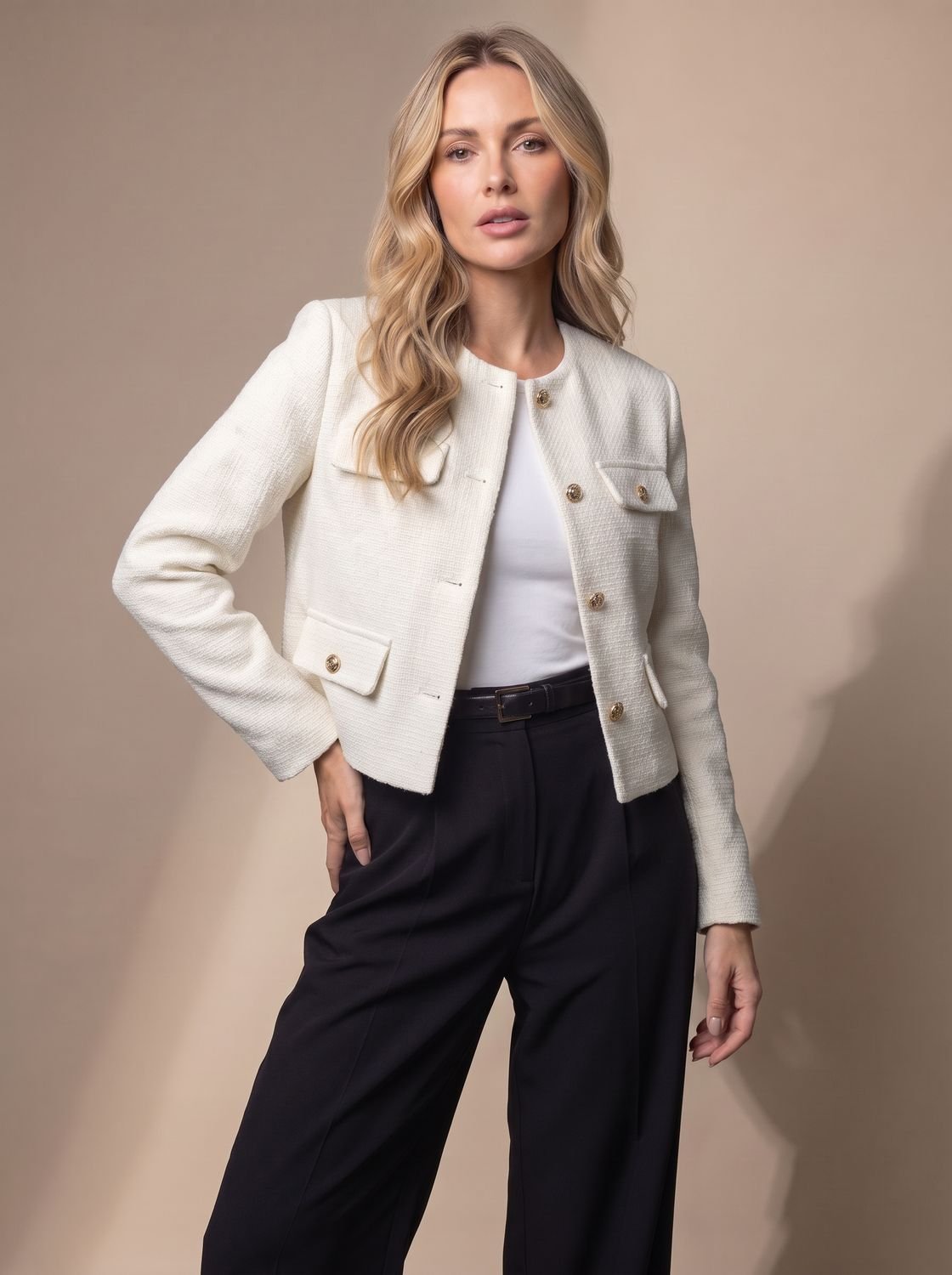 Women's Cropped Collarless Tweed Blazer with Gold Buttons and Flap Pockets
