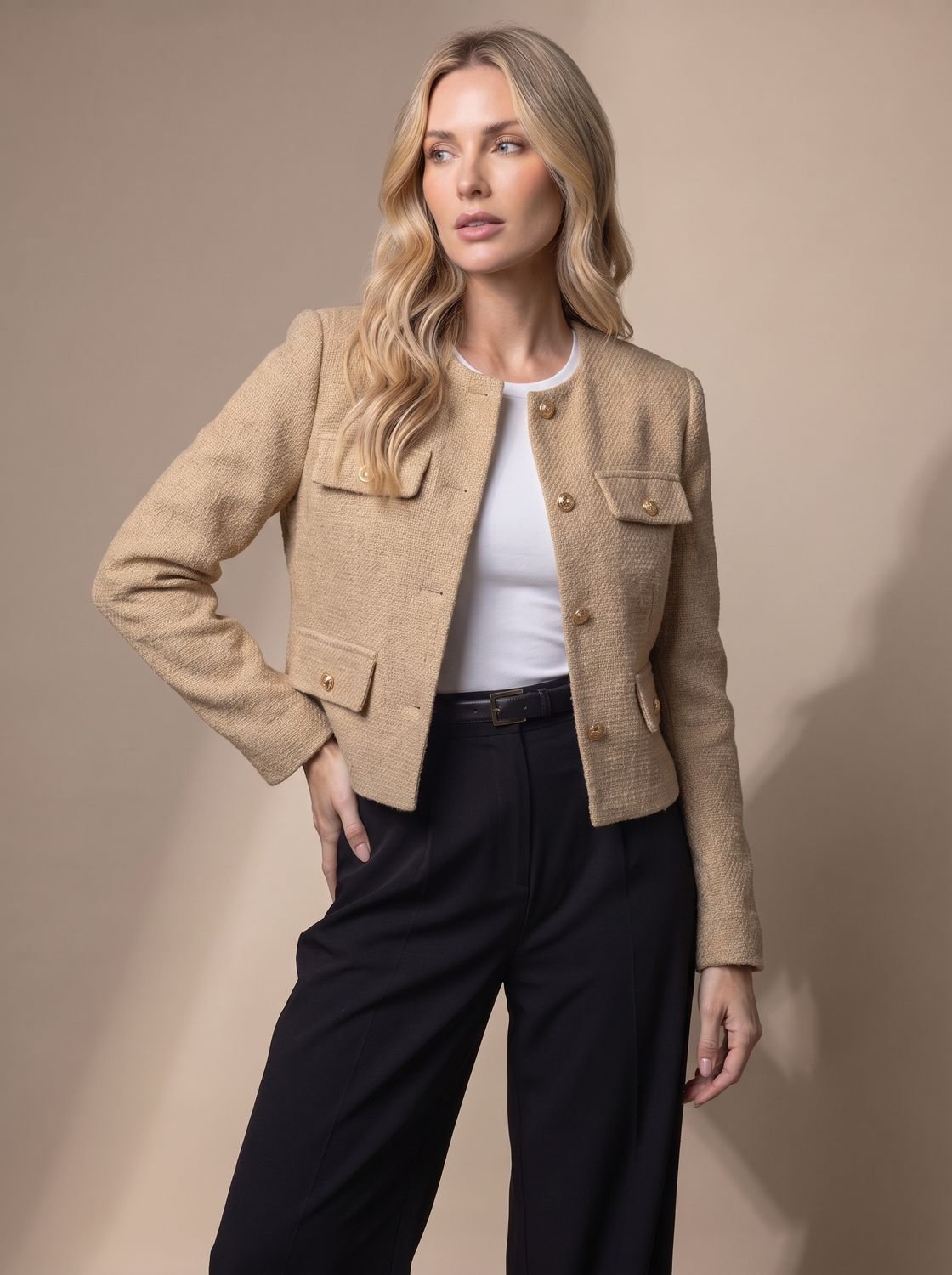 Women's Cropped Collarless Tweed Blazer with Gold Buttons and Flap Pockets