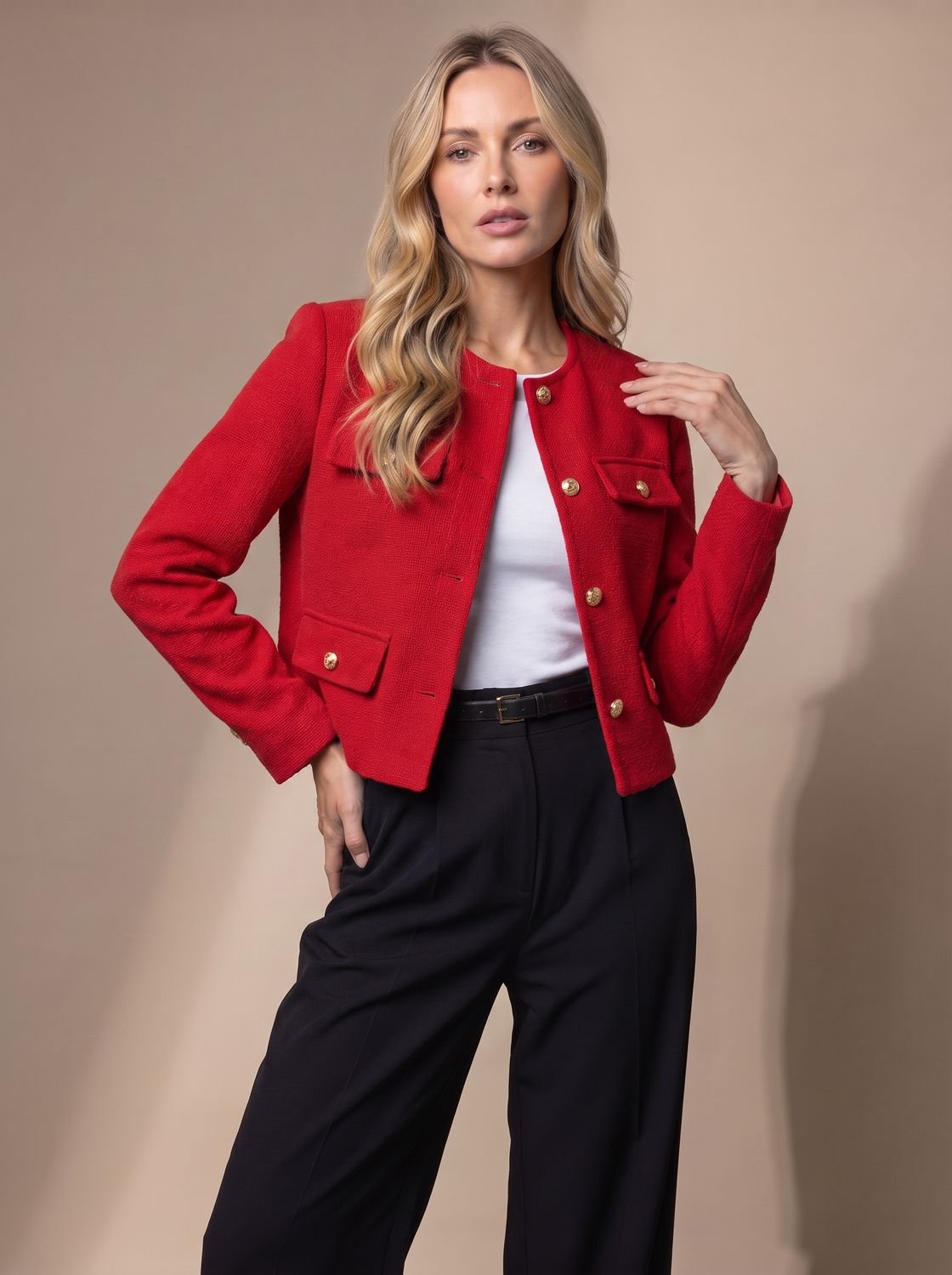 Women's Cropped Collarless Tweed Blazer with Gold Buttons and Flap Pockets