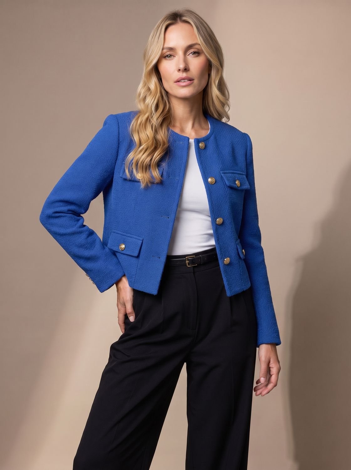 Women's Cropped Collarless Tweed Blazer with Gold Buttons and Flap Pockets