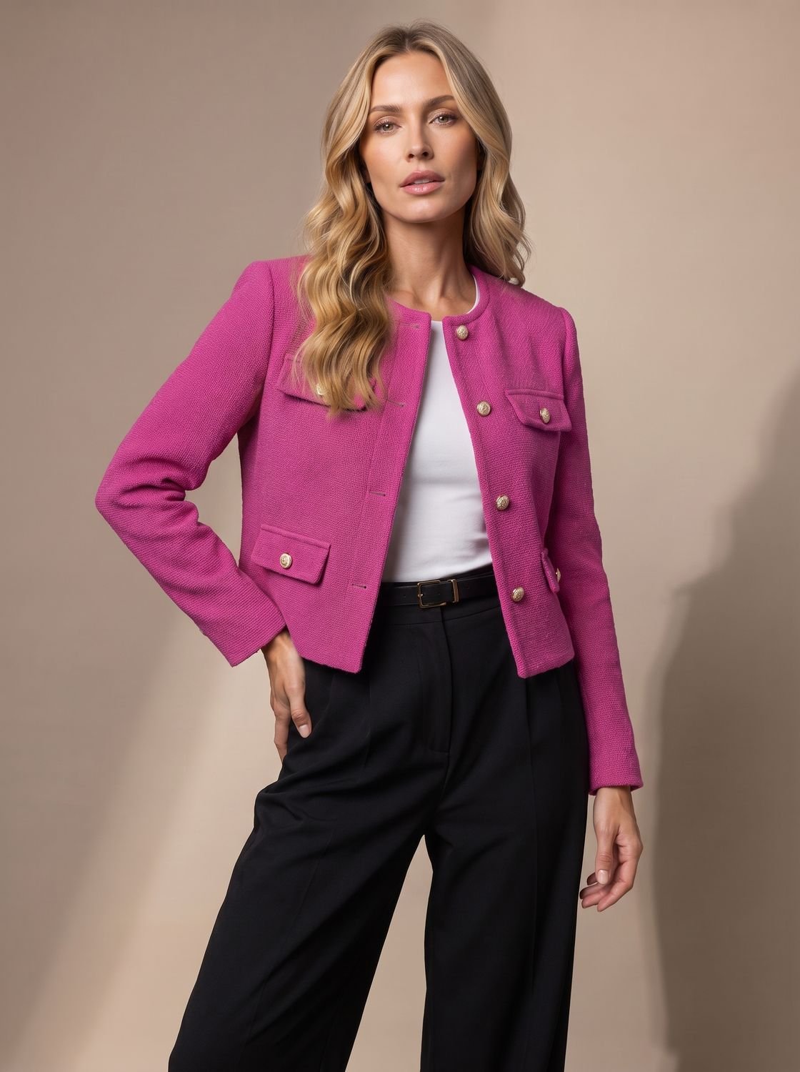 Women's Cropped Collarless Tweed Blazer with Gold Buttons and Flap Pockets