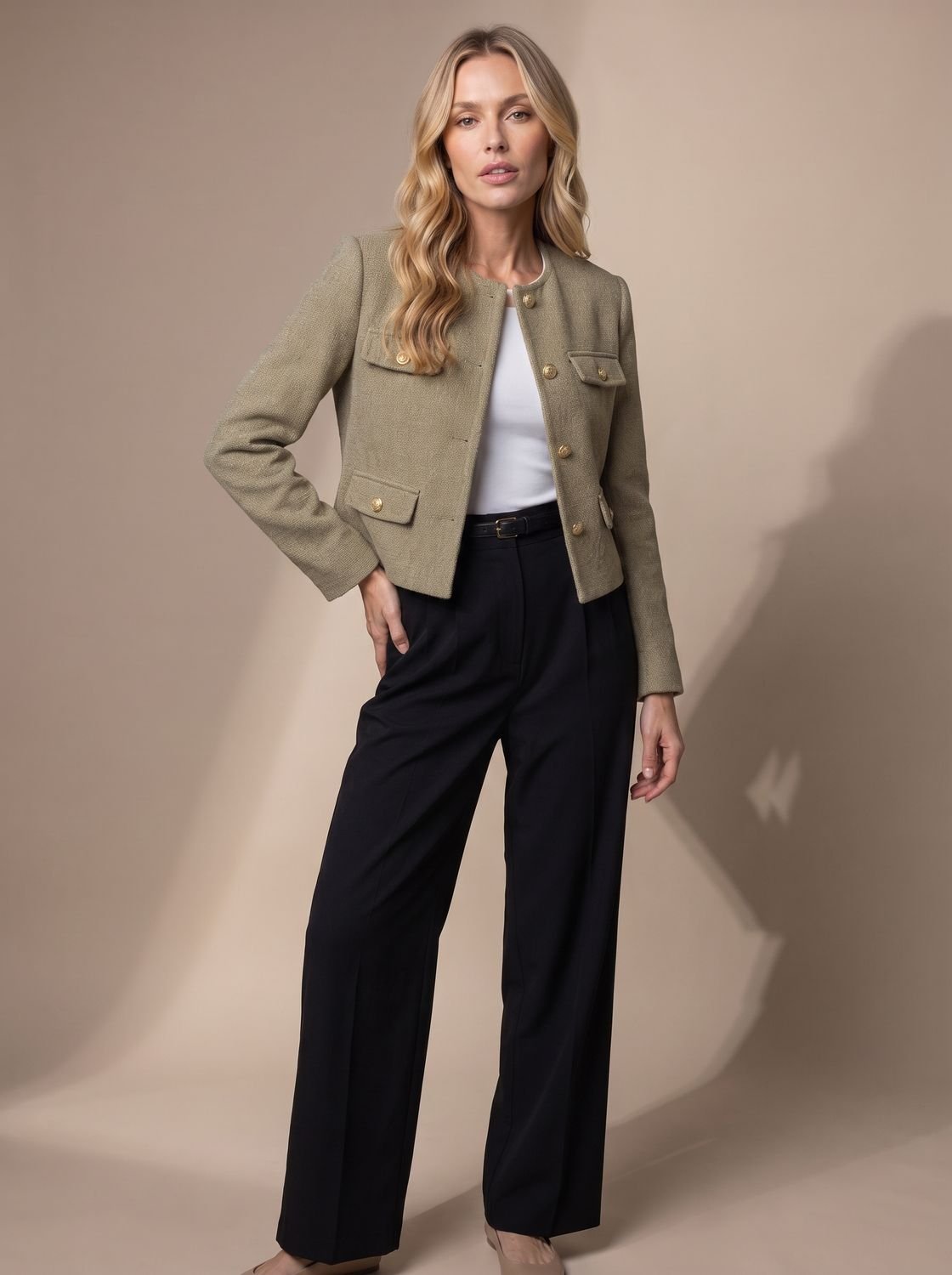 Women's Cropped Collarless Tweed Blazer with Gold Buttons and Flap Pockets
