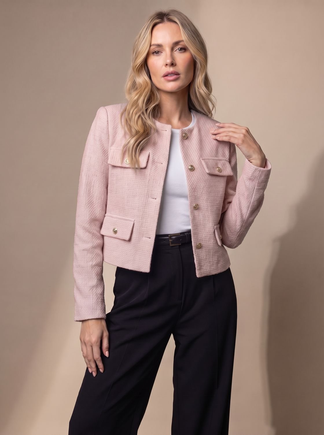 Women's Cropped Collarless Tweed Blazer with Gold Buttons and Flap Pockets